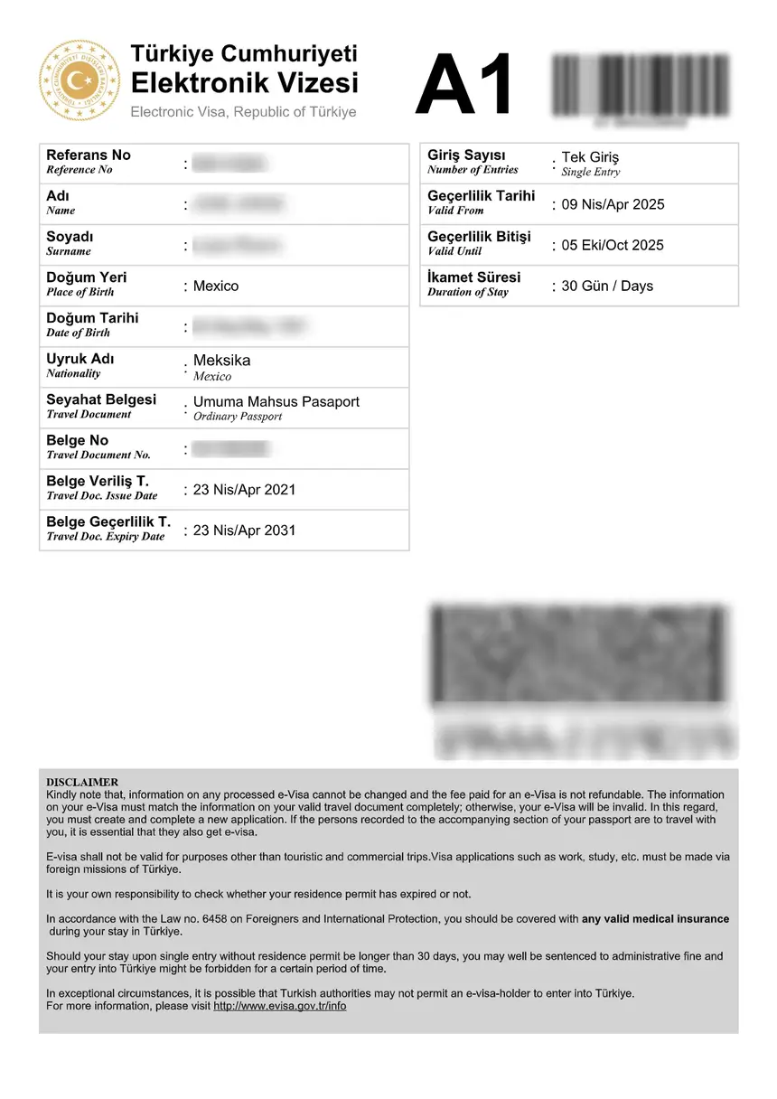Exemple visa électronique Turquie